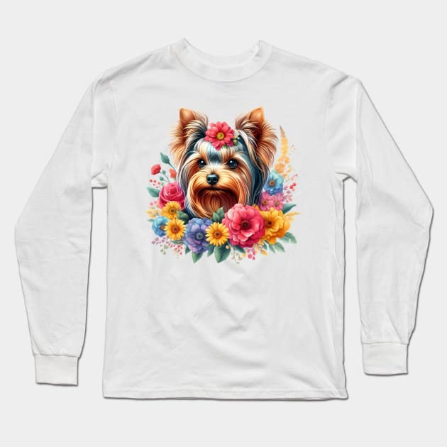 A yorkshire terrier with beautiful colorful flowers Long Sleeve T-Shirt by CreativeSparkzz